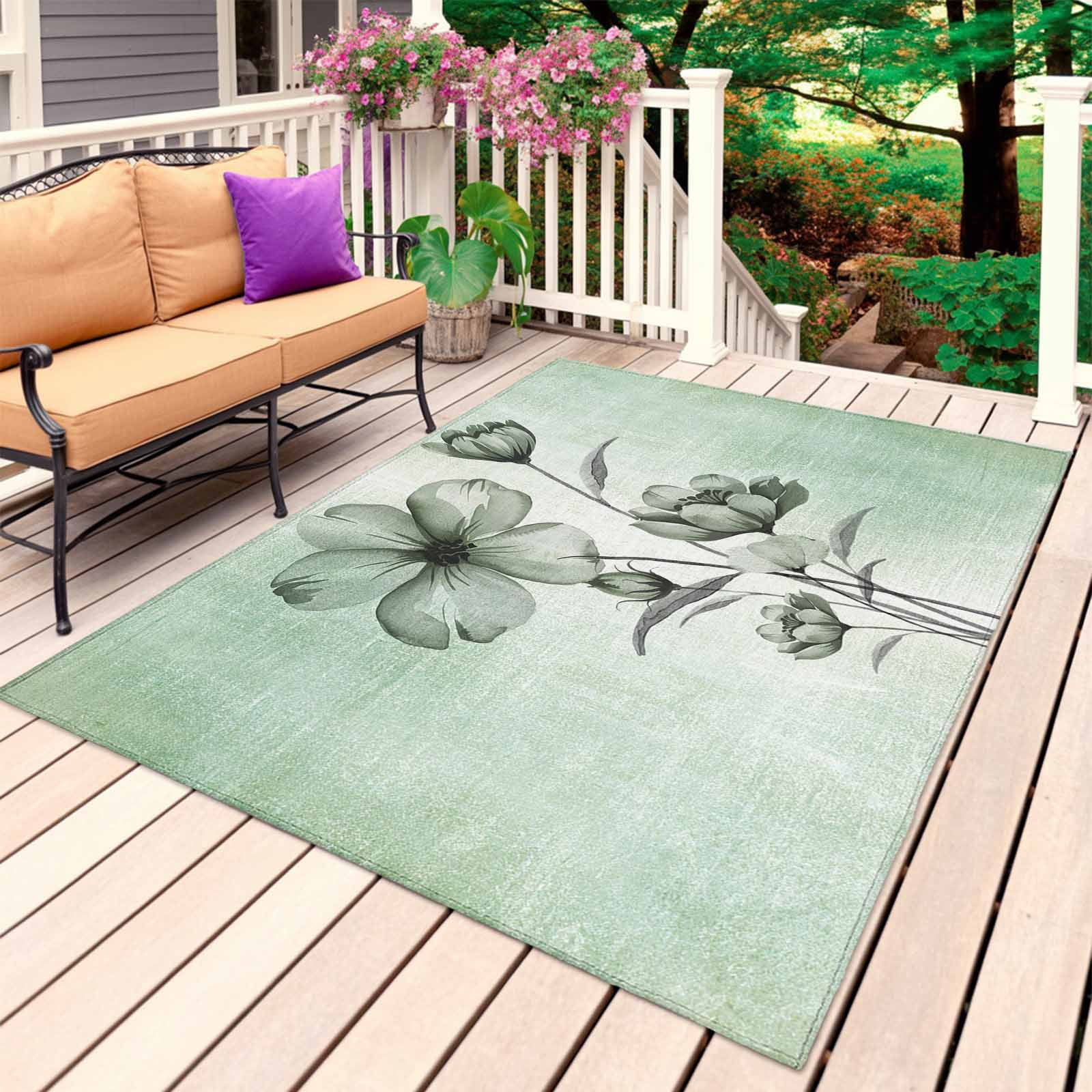 Green Floral Outdoor Rug for Patio/Deck/Porch, Non-Slip Large Area Rug 3 x 5 Ft, Country Rustic Ombre Painting Art Watercolor Indoor Outdoor Rugs Washable Area Rugs, Camping Rug Carpet Runner