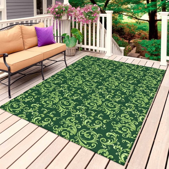 Green Floral Outdoor Rug for Patio/Deck/Porch, Non-Slip Large Area Rug 3 x 5 Ft, Vintage Farmhouse Flowers Vines Art Indoor Outdoor Rugs Washable Area Rugs, Reversible Camping Rug Carpet Runner