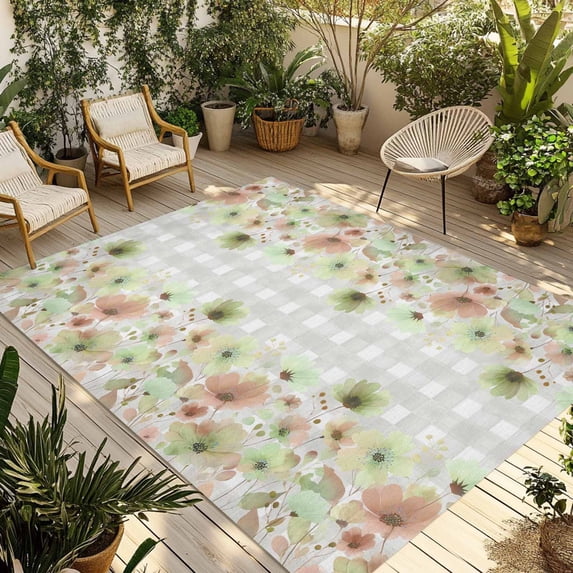 Green Floral Outdoor Rug for Patio/Deck/Porch, Non-Slip Large Area Rug 4 x 6 Ft, Spring Flowers Botanical Gray and White Plaid Indoor Outdoor Rugs Washable Area Rugs, Camping Rug Carpet Runner