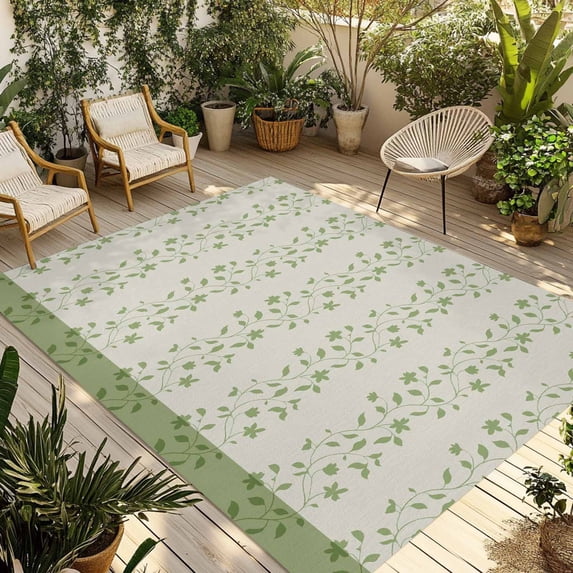 Green Floral Outdoor Rug for Patio/Deck/Porch, Non-Slip Large Area Rug 6 x 9 Ft, Spring Flowers Indoor Outdoor Rugs Washable Area Rugs, Reversible Camping Rug Carpet Runner