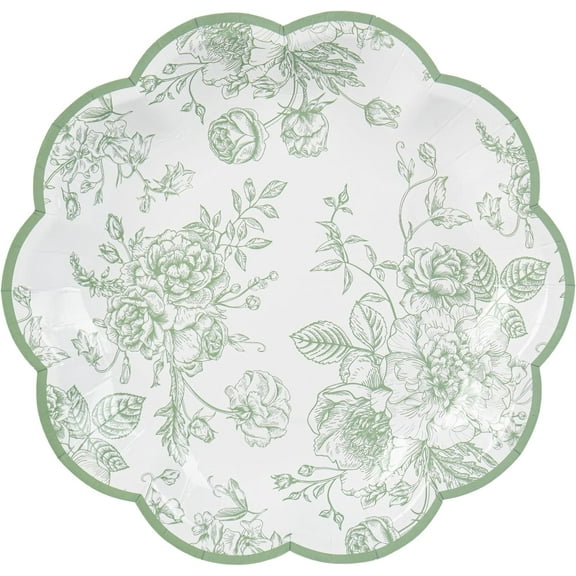 Green Floral Party Plates - Vintage Leaf Disposable Paper Plates, Wildflower Sage Toile 7" Scalloped Rim Dessert Plates for Christmas, Birthday, Bridal Tea Party Supplies (24 Count)
