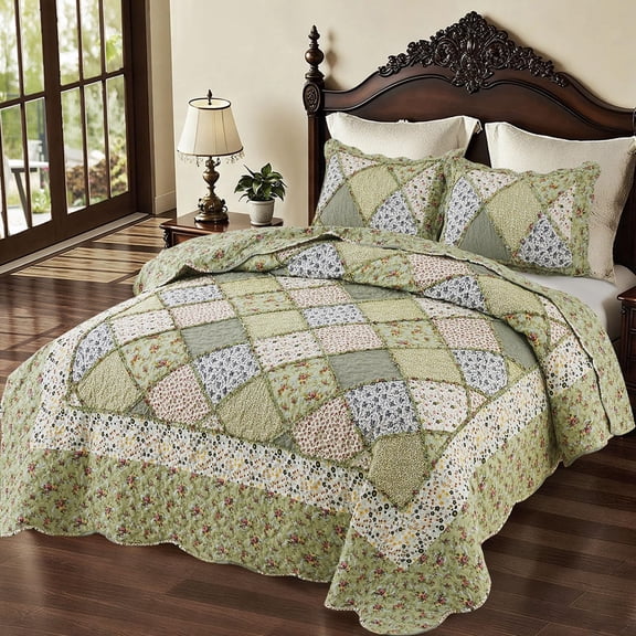 Green Floral Patchwork Quilt Set 132x120 Alaska King Size Bedding 3-piece Extra Wide Super Rversible Quilted Bedspread Coverlet Comforter Bed Cover With 2 Pillow Shams |  Oversized