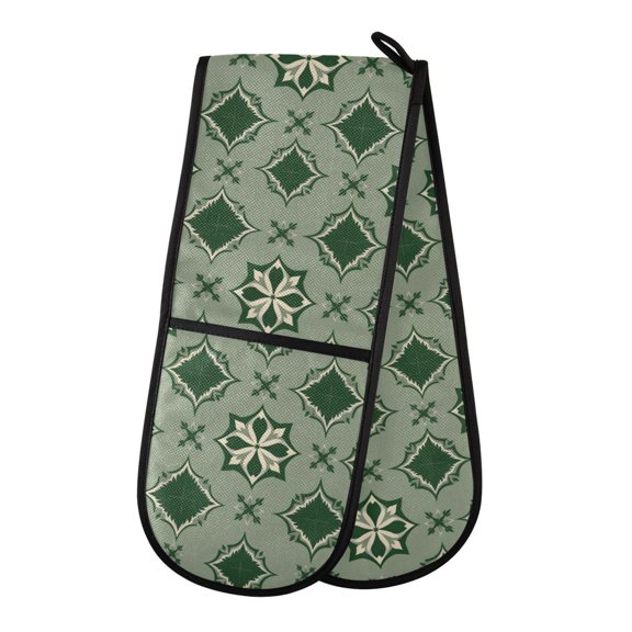 Green Floral Pattern Double Oven Mitt 200C Quilted Cotton Lined Kitchen Pot Holder 35x7in