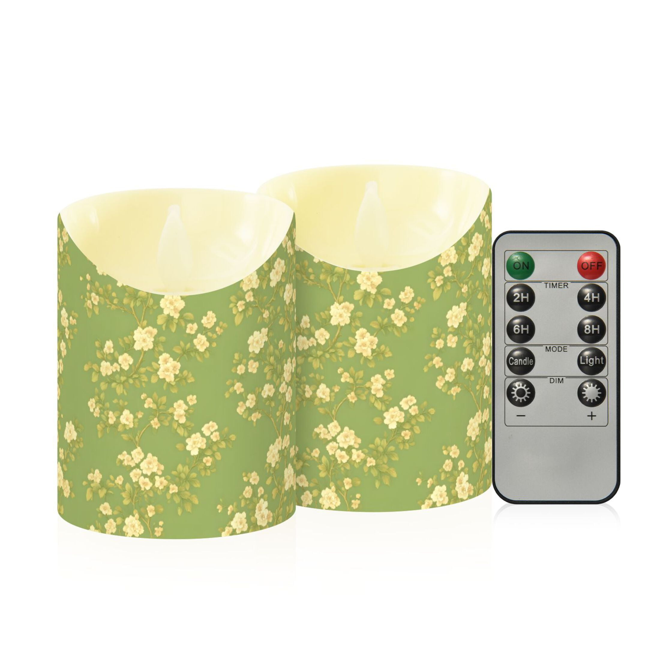Green Floral Pattern Flameless Candles 2 PCS with Remote Realistic Moving Flame LED Tapered Pillar Set for Home Decor
