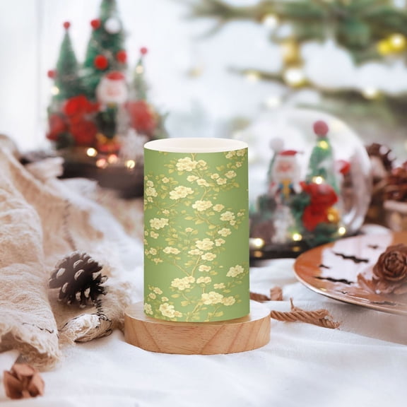 Green Floral Pattern Set of 2 Flameless LED Candles Remote and Timer Indoor Outdoor