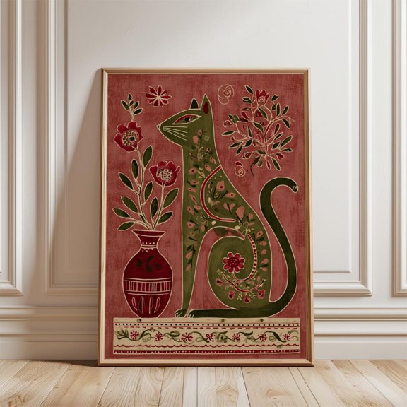 Green Floral Patterned Cat Poster Folk Art Style with Maroon Background