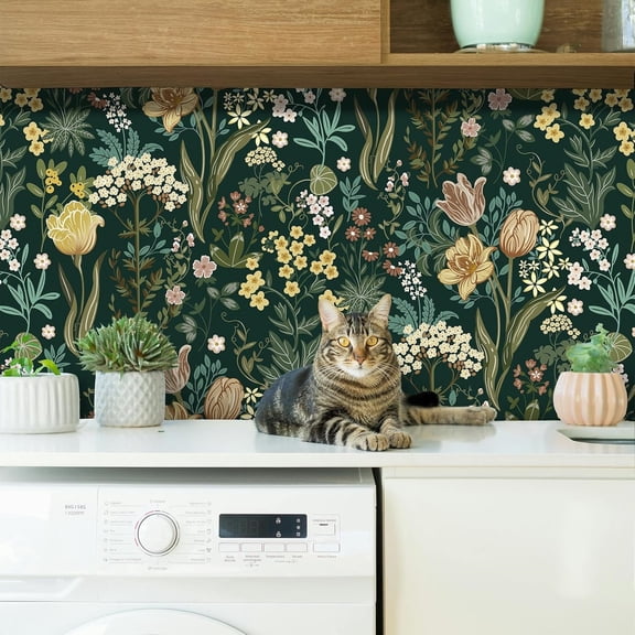 Green Floral Peel and Stick Wallpaper Vintage 472.4inL 17.3inW Contact Paper for Cabinets and Drawers Dark Flower Leaf Self Adhesive Wallpaper for Bedroom Bathroom Waterproof Decor Nursery