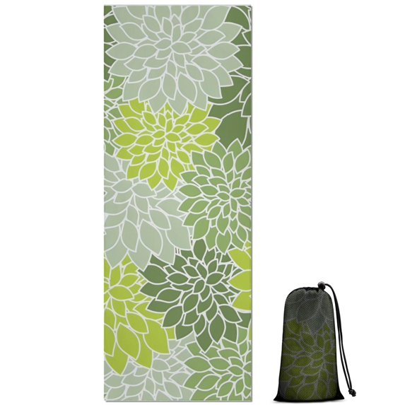 Green Floral and Petal Pattern Hot Yoga Mat Towel Non Slip for Hot Yoga - Quick-Drying Yoga Mat Cover with 4 Corner Pockets with Travel Bag - Hot Yoga Towel Non Slip 70"x26"