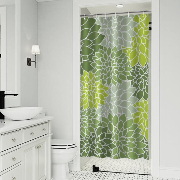 Green Floral and Petal Pattern Shower Curtain 36"x72" ,Bathroom Decorative Shower Curtains Set with 12 Hooks,Modern Waterproof Washable Shower Curtain