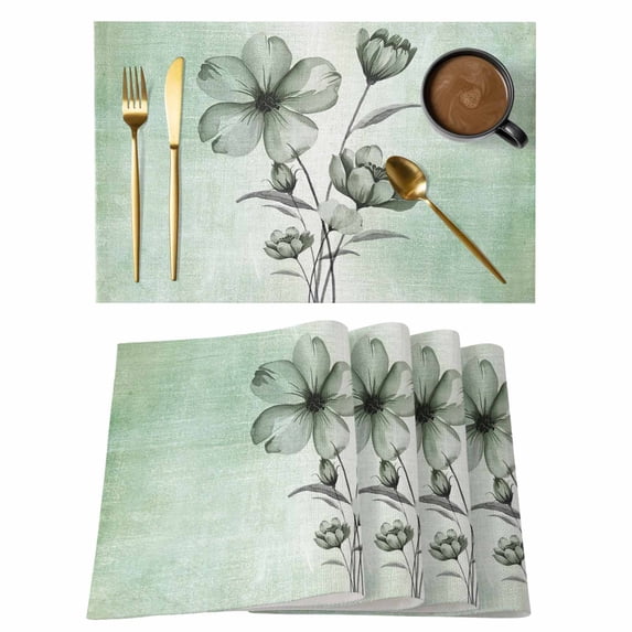 Green Floral Placemats Set of 12,Cotton Linen Fabric Place Mats,Country Rustic Ombre Painting Art Watercolor Decorative Table Mats Protector for Home Kitchen Dining Wedding Party Coffee Tables