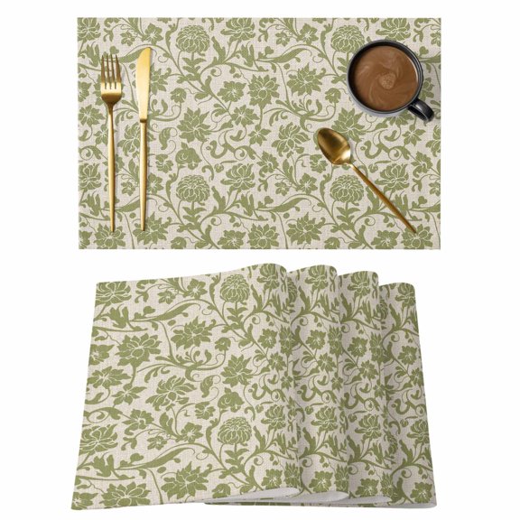 Green Floral Placemats Set of 12, Vintage Rustic Botanical Spring Placemats for Dining Table, Place Mats for Kitchen Tabletop, Waterproof Wipeable Dining Table Mats Set