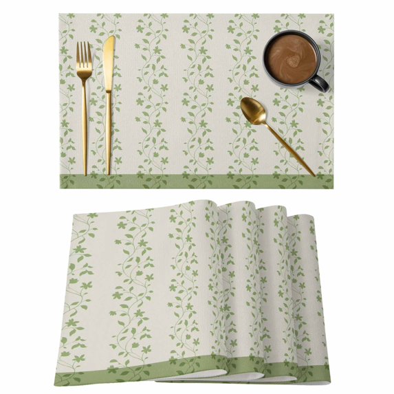Green Floral Placemats Set of 4, Spring Flowers Placemats for Dining Table, Place Mats for Kitchen Tabletop, Waterproof Wipeable Dining Table Mats Set