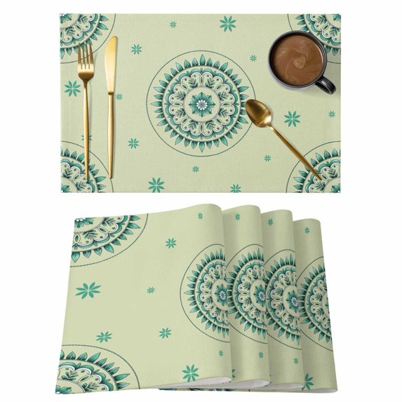 Green Floral Placemats Set of 6, round Floral Ethnic Abstract Patterned Placemats for Dining Table, Place Mats for Kitchen Tabletop, Waterproof Wipeable Dining Table Mats Set