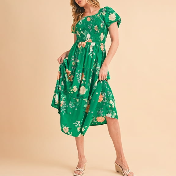 Green Floral Print Bubble Sleeve Smocked Tiered Midi Dress