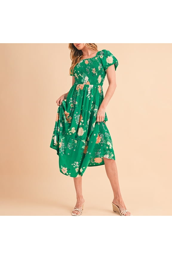 Green Floral Print Bubble Sleeve Smocked Tiered Midi Dress