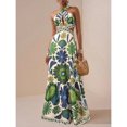 thumbnail image 1 of Green Floral Print Halter Neck Maxi Dress With Cut-Out Waist And Tiered Skirt For Vacation Party, 1 of 6