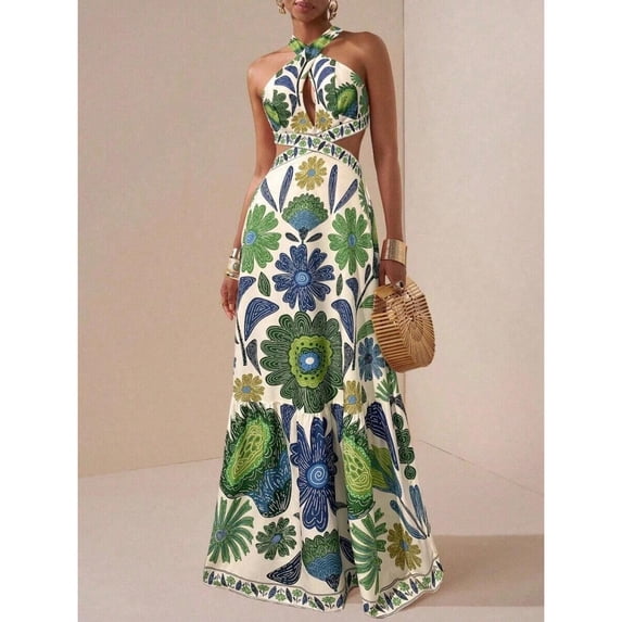 Green Floral Print Halter Neck Maxi Dress With Cut-Out Waist And Tiered Skirt For Vacation Party