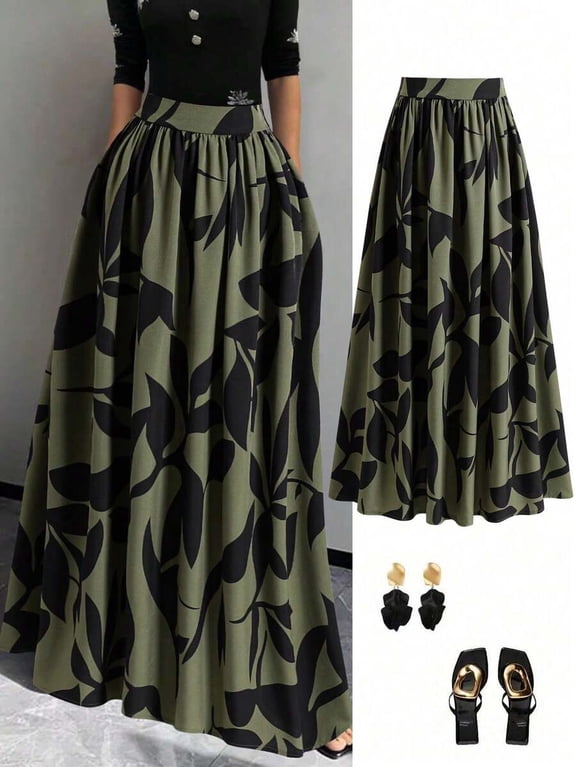 Green Floral Print High Waist A-Line Maxi Skirt For Women, Flowing Summer Vacation Skirt