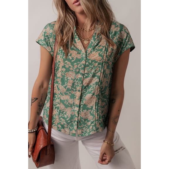 Green Floral Print Pleated Buttoned V Neck Short Sleeve Blouse