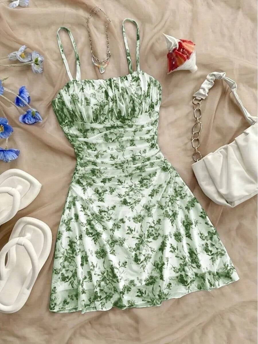 green floral ruched dress Print Halter Mini For Women attire-colorful-formal