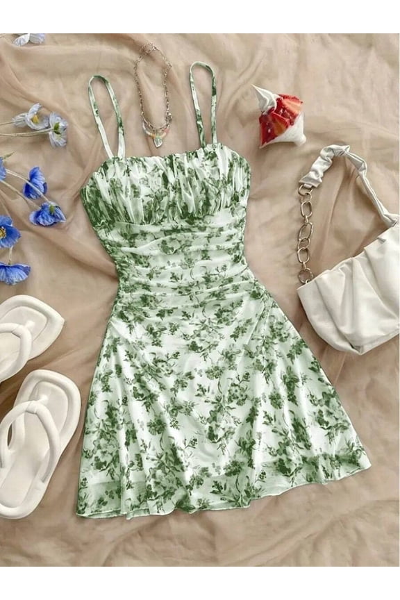 Green Floral Print Ruched Halter Mini Dress For Women