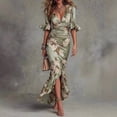 thumbnail image 1 of Green Floral Print Satin Mermaid Midi Dress With Ruched Body, V-Neck, Ruffle Sleeves And High Slit, 1 of 8
