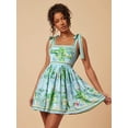thumbnail image 1 of Green Floral Print Square Neck Tie-Shoulder Ruched Mini Dress For Women, 1 of 8