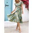 thumbnail image 1 of Green Floral Print Wrap Midi Dress With Ruffle Sleeves And V-Neck For Women, 1 of 7