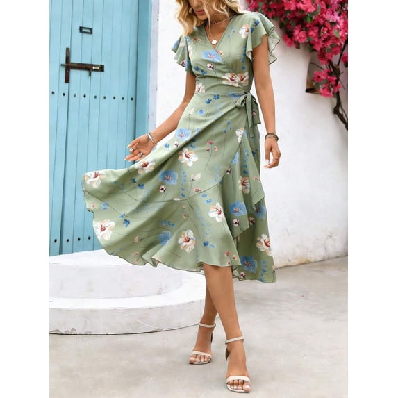 Green Floral Print Wrap Midi Dress With Ruffle Sleeves And V-Neck For Women
