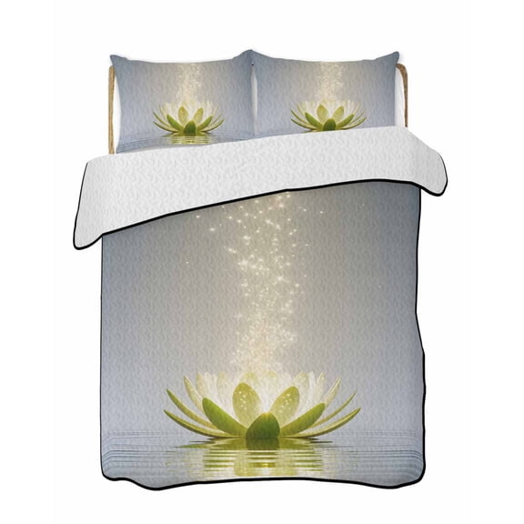 Green Floral Quilts Bedding Set California King Modern Zen Lotus Flower Spiritual Blossom in Water Lightweight Quilted Bedspread 3 Piece Bed Quilt with 2 Pillow Shams for Bedroom 96" x 106"