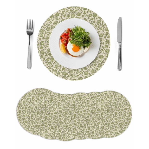 Green Floral Round Placemats Set of 6 for Dinning Tables,Heat-proof Braided Table Mats 15 Inch,Vintage Rustic Botanical Spring Washable Place Mat for Kitchen Restaurant Party Decor Table Setting