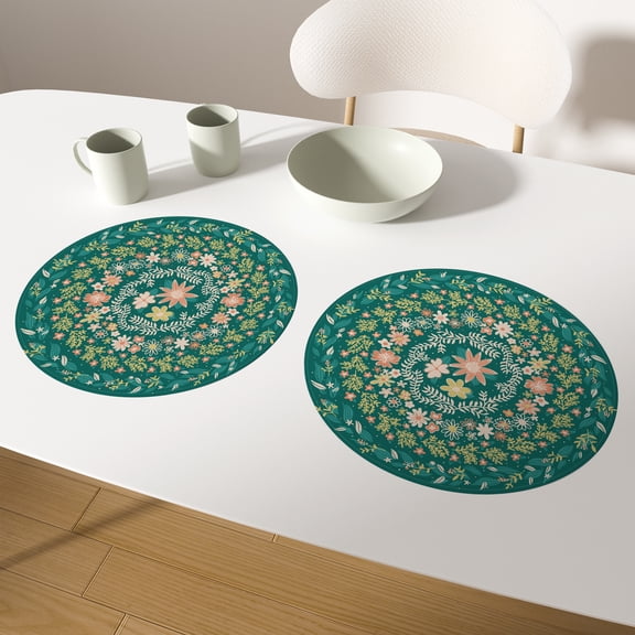 Green Floral Round Placemats Set of 2 Boho Flowers Linen Double-Sided Dining Table Place Mat,14 inch
