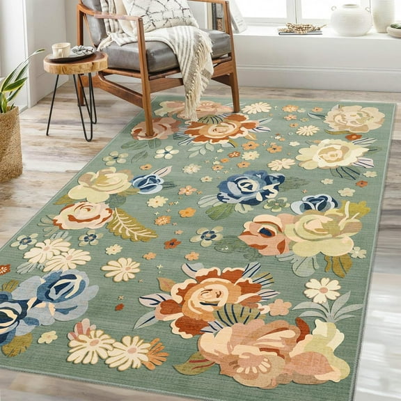 Green Floral Rug,Boho Washable Area Rugs For Bedroom Living Room Kitchen Entryway Bedside,Small Vintage Farmhouse Bohemian Oriental Non Slip Carpet 4x6ft