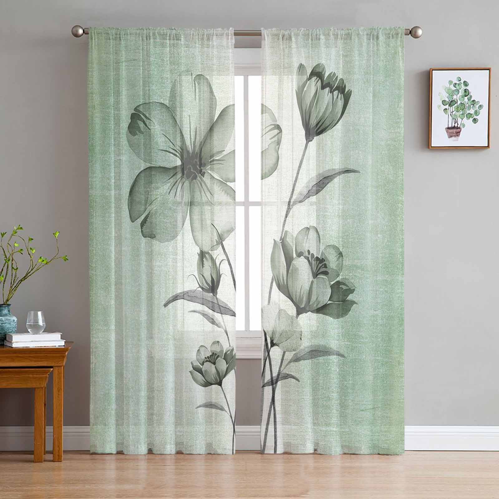 Green Floral Semi Sheer Curtains 72 Inch Length 2 Panels Set, Country ...