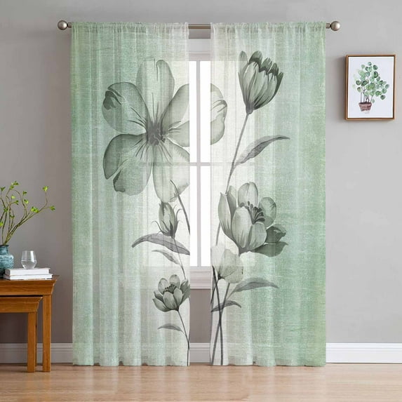 Green Floral Semi Sheer Curtains 84 Inch Length 2 Panels Set, Country Rustic Ombre Painting Art Watercolor Sheer Kitchen Curtain Privacy Voile Window Curtain for Living Room Bedroom Rod Pocket Drapes