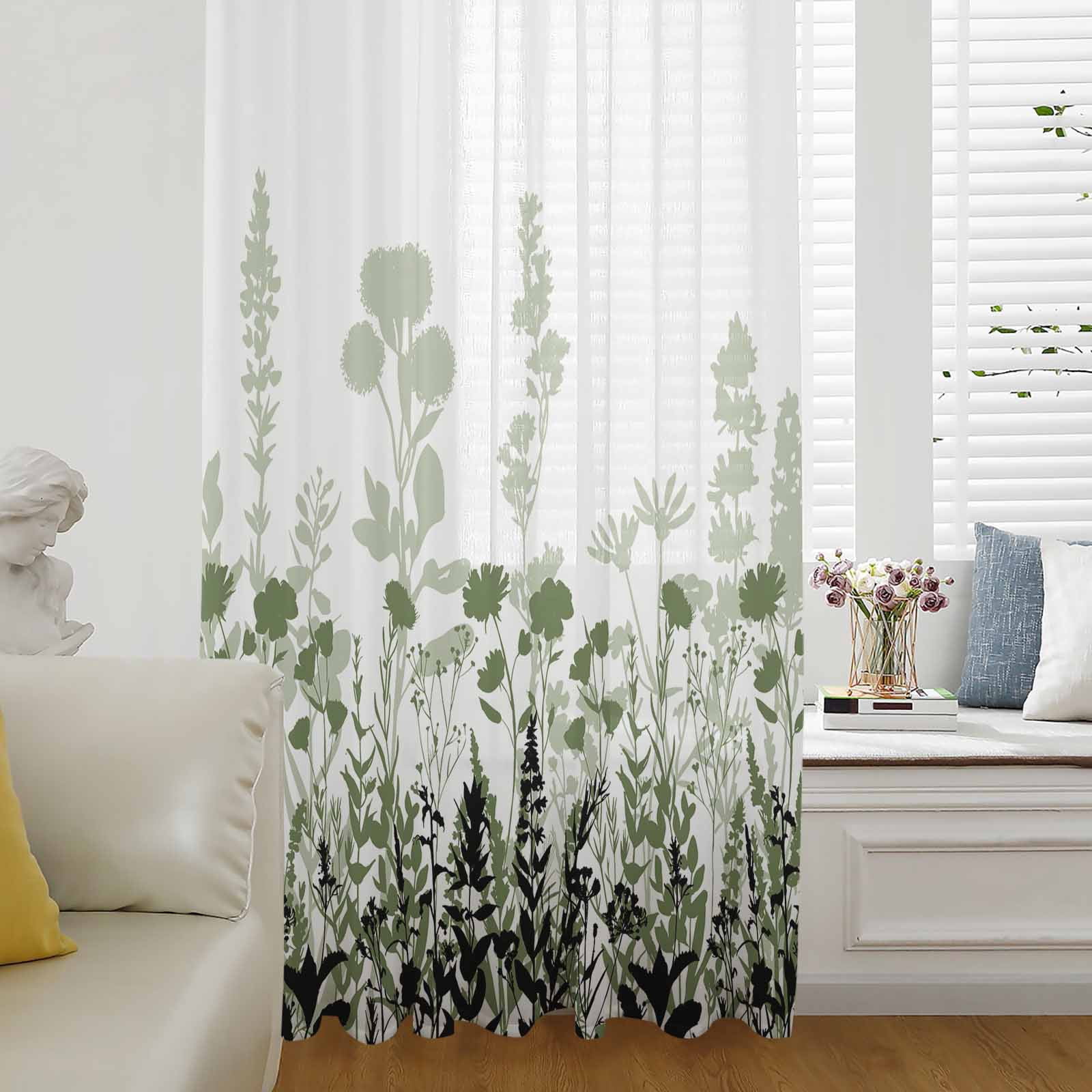Spring Color Drape Green Floral Semi Sheer Curtains Drapes for Living Room, Bedroom ...