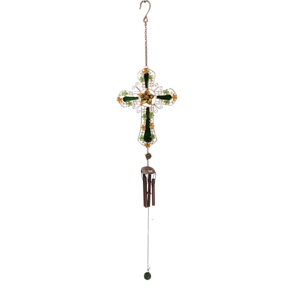 Green Floral Shamrock Cross with Gemstones Metal Scroll Filigree Wind Chime 31"H