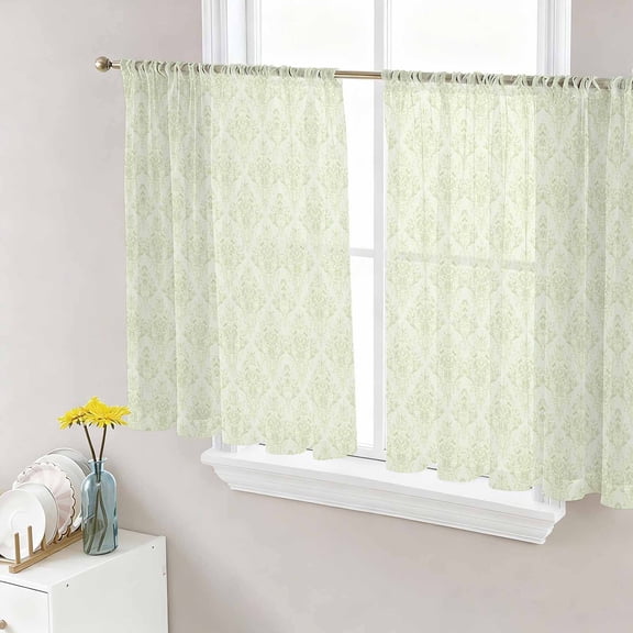 Green Floral Sheer Curtains 45 Inches Length 2 Panels Set, Window Sheer Curtains for Living Room/Bedroom, Farmhouse Luxury Scroll Flowers Patterned Light Filtering Rod Pocket Curtain 52''x45''x2