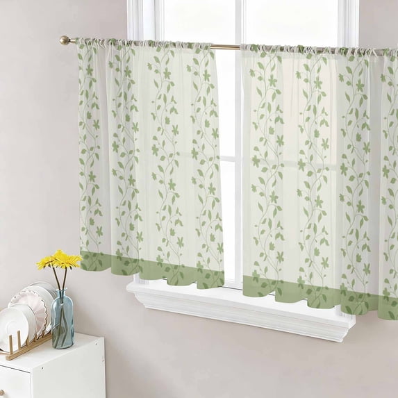 Green Floral Sheer Curtains 54 Inch Length 2 Panels Set, Spring Flowers Voile Window Treatment Rod Pocket Short Kitchen Curtains Drapes for Bedroom 52"x54"x2