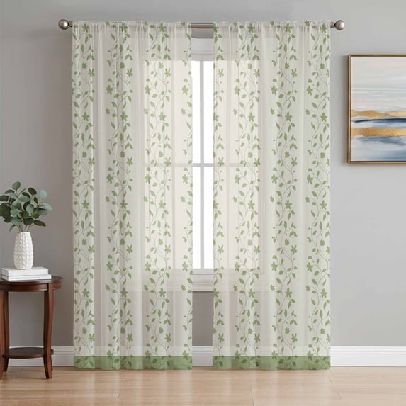 Green Floral Sheer Curtains 72 Inch Length 2 Panels Set - Light Filtering Window Treatments, Spring Flowers Rod Pocket Semi Curtains for Living Room/Bedroom/Kitchen Décor, 104"W x 72"L