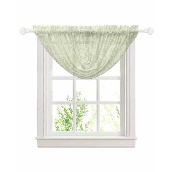 Green Floral Sheer Waterfall Valance Curtains for Window, Farmhouse Luxury Scroll Flowers Patterned Rod Pocket Sheer Topper Swag Curtains for Living Room, Kitchen 38.5"W x 47.2"L, 1 Panel