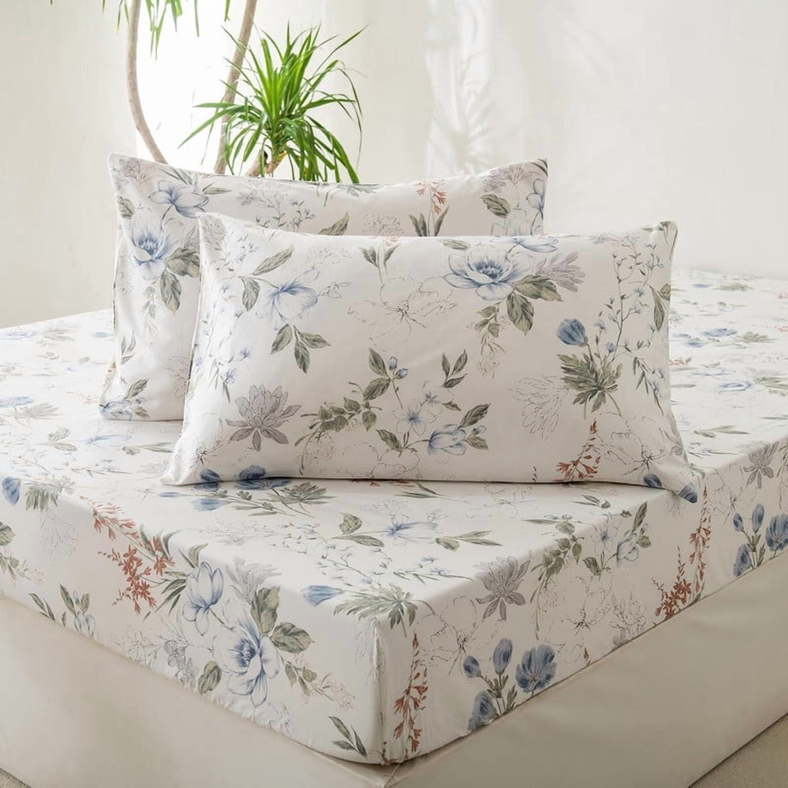 Green Floral Sheet Set 100% Cotton Sheets - Crispy Cooling Percale ...