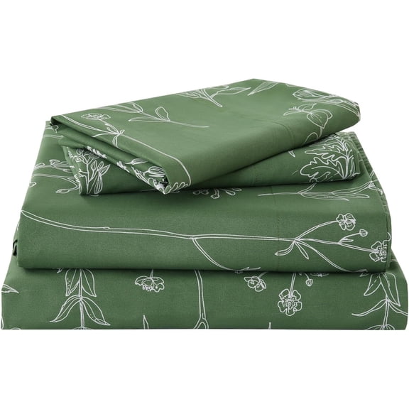 Green Floral Sheet Set Queen, Botanical Rustic Pattern Bed Sheets Boho Bedding Sheets & Pillowcases Soft Microfiber 15" Extra Deep Pocket Fitted Bedsheet 4 Piece