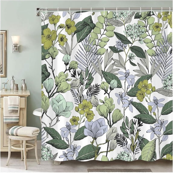 Green Floral Shower Curtain Boho Flower Leaves Funny Shower Curtains for Bathroom Waterproof Fabric Shower Curtain Set with Hooks Botanical Rustic Spring Bathroom Decor (72x72,Sage Green)