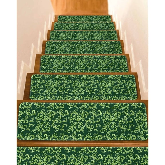 Green Floral Stair Treads for Wooden Steps Indoor Runner Rug Carpet, Vintage Farmhouse Flowers Vines Art 4 Pieces Peel and Stick Staircase Step Treads Covers Washable Throw Door Mats, 30"x8"