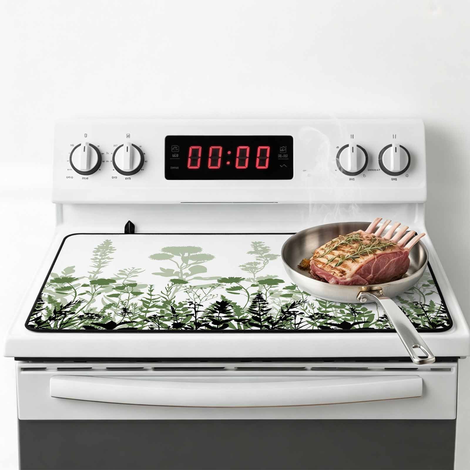 Green Floral Stove Top Cover for Electric Stove, Heat-proof & Non Slip Glass Top Stove Cover Protector, Spring Flowers Herb Silhouette Farmhouse Kitchen Flat Cooktop Rubber Mat 24x21 Inches