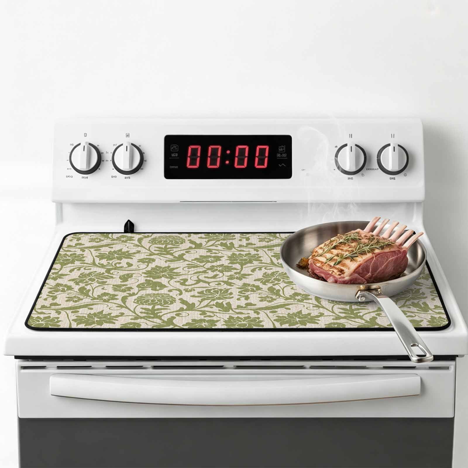 Green Floral Stove Top Cover for Electric Stove, Heat-proof & Non Slip Glass Top Stove Cover Protector, Vintage Rustic Botanical Spring Kitchen Flat Cooktop Rubber Mat 24x21 Inches