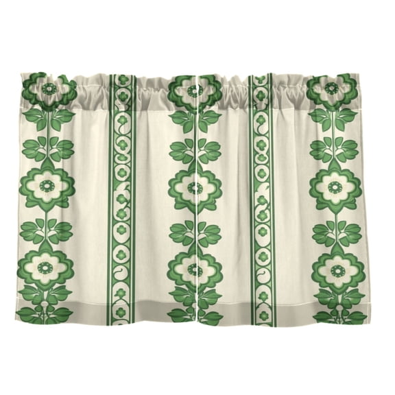 Green Floral Stripes 27"x24" Linen Look Cafe Curtain Set with Privacy and UV Protection