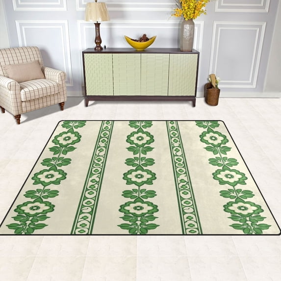 Green Floral Stripes 63''x48'' Plush Memory Foam Bath Mat, Soft, Absorbent, Non Slip, Durable