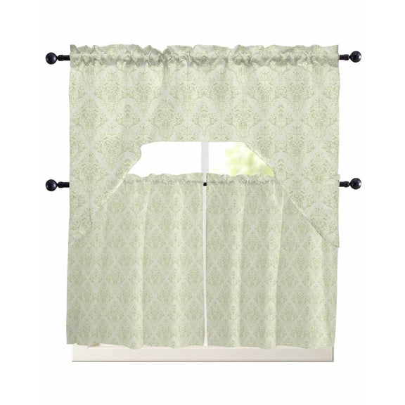 Green Floral Swag Kitchen Curtains Sets for Windows 24 Inch Length, Farmhouse Luxury Scroll Flowers Patterned Short Window Curtain Panels Swags Valances and Tiers 3 Piece Set for Cafe/Dining Room